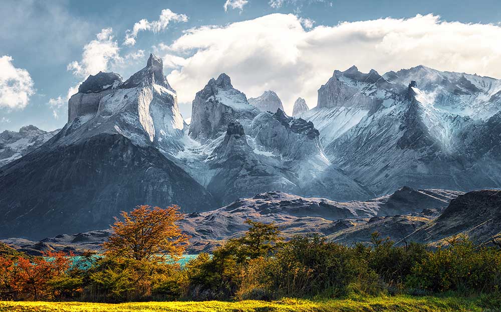 Cuernos del Paine and Pehoe lake on Patagonia Photo Tour, Chilean Patagonia in Autumn, Torres del Paine national park. Patagonia, Chile. South America.