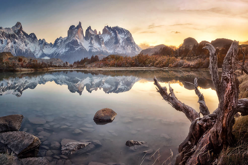 Torres del paine reflecting in lake pehoe in Patagonia from our photography workshop